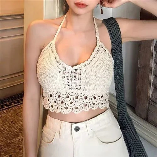 Tops cros Retro 2027 Wild Hollow Perspective Tassel Sexy Spaghetti Strap Tanke Top Women Built In Bra New Back Lace Halter Neck