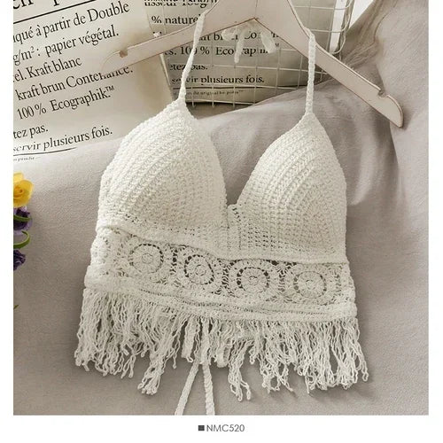 Tops cros Retro 2027 Wild Hollow Perspective Tassel Sexy Spaghetti Strap Tanke Top Women Built In Bra New Back Lace Halter Neck