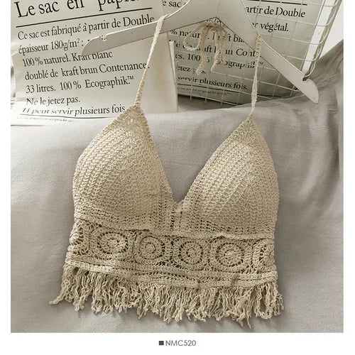 Tops cros Retro 2027 Wild Hollow Perspective Tassel Sexy Spaghetti Strap Tanke Top Women Built In Bra New Back Lace Halter Neck