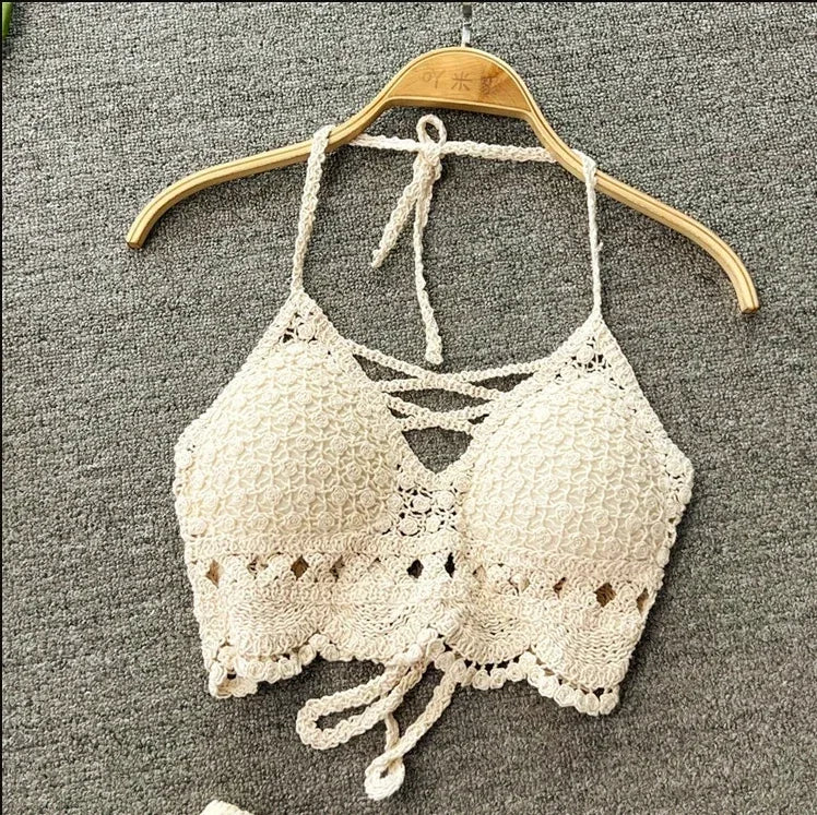 Tops cros Retro 2027 Wild Hollow Perspective Tassel Sexy Spaghetti Strap Tanke Top Women Built In Bra New Back Lace Halter Neck