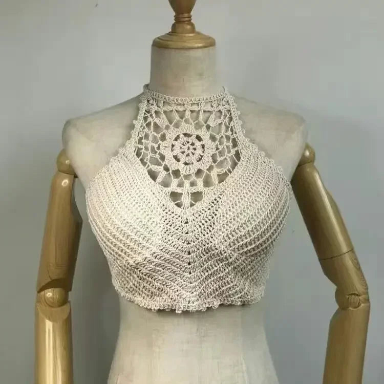 Tops cros Retro 2027 Wild Hollow Perspective Tassel Sexy Spaghetti Strap Tanke Top Women Built In Bra New Back Lace Halter Neck